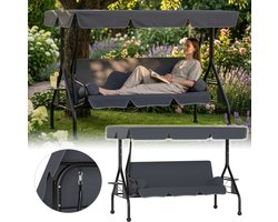 Froadp Antraciet Tuinhangstoel voor 3 personen, zit- en ligfunctie, kantelbaar zonnescherm, weerbestendig, stevige constructie, inclusief kussens en bijzettafeltjes, onderhoudsvriendelijk, voor buitengebruik op het terras, in de tuin of op het erf