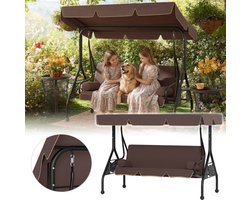Froadp Donkerbruin Tuinhangstoel voor 3 personen, zit- en ligfunctie, kantelbaar zonnescherm, weerbestendig, stevige constructie, inclusief kussens en bijzettafeltjes, onderhoudsvriendelijk, voor buitengebruik op het terras, in de tuin of op het erf