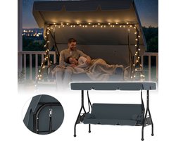 Froadp Grijs Tuinhangstoel voor 3 personen, zit- en ligfunctie, kantelbaar zonnescherm, weerbestendig, stevige constructie, inclusief kussens en bijzettafeltjes, onderhoudsvriendelijk, voor buitengebruik op het terras, in de tuin of op het erf
