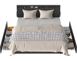 Froadp Platformbed van stof 160 x 200 cm, gestoffeerd hoofdeinde, bedframe voor eenpersoonsbed, bedframe in donkergrijs, modern design voor de slaapkamer