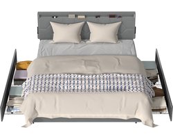 Froadp Platformbed van stof 160 x 200 cm, gestoffeerd hoofdeinde, bedframe voor eenpersoonsbed, bedframe in lichtgrijs, modern design voor de slaapkamer