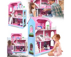 Froadp Poppenhuis Houten groot met 3 verdiepingen Poppenhuis Poppenhuis Set 100 x 70 x 36 cm Poppenvilla Poppenhuis met 15 meubels & accessoires Perfect speelgoed DIY Camperhuis Droomvilla