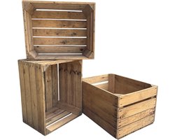Fruitkisten- set van drie stuks - Authentieke Gebruikte Stevige Houten Fruitkisten 50x40x30cm | DecoLis