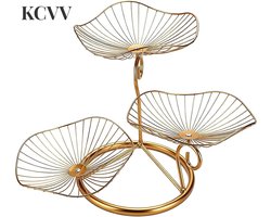 Fruitmand - fruitschaal etagere-fruitschaal etagere-fruitschaal-Stapelbaar fruitrek van metaal met drie lagen - Snackmand/groentemand - Fruitschaal voor eettafels en keukenbladen - Goud - 48x34cm