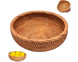Fruitmand - Geweven ronde rotan fruitmand - Ronde fruitmand - Natuurlijke houtkleur - 20*7 cm - Broodmand - Handgemaakte rotan fruitmand - Rotan fruitmand - Ronde opbergmand