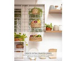 Fruitmand hangen 3 laag hangende mand, handgemaakt geweven geweven zeegras rattan gevlochten wandmanden, handgemaakte mand hangende keuken boho hangende manden, groentenopslag organisatie decoratie