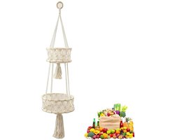 Fruitmand Hangend 2 Laags - Boho Wanddecoratie - Katoenen Touw - Ruimtebesparend - Sterke Treksterkte - 25 x 25 x 70 cm - Opbergmand