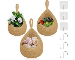 Fruitmand, hangende wandmand, 3 + 3 muurstickers + 3 haken, fruitmand, hangmand, fruit, mand, keuken, handgeweven, katoenen touw, groentemand, plantenmand, decoratieve hangmand voor keuken
