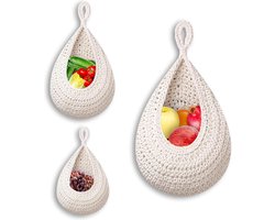 Fruitmand op te hangen - 3 stuks wandmand handgevlochten katoenen touw - boho deurhanger decoratieve keuken - wit