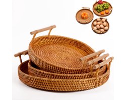 Fruitmand - Set Van 3 - Fruitschaal Rond - Broodmanden - Opbergmand - Met Handvat - Mandje Rotan - Handgrepen - Decoratieve Dienbladen - Presenteerblad - Woonaccessoires - Voor Het Serveren Van Gerechten, Crackers, Gebak, Snacks