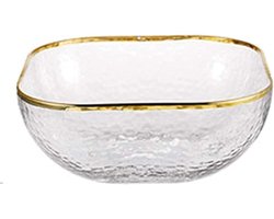Fruitsaladekom - Nordic servies - huishoud transparant glazen dessertkom - vierkant - gouden rand cadeau - horeca en thuis - 3-delige set