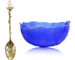 Fruitschaal en slakom met glazen kristallen en gouden inleg, multifunctionele decoratieve kom voor thuis, kantoor, bruiloft en feest - inclusief koffielepel - 16 cm - Dankbare aanvulling voor snoep, snack en fruit