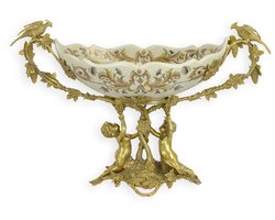 Fruitschaal - Porselein - Bronzen Montuur - Klassieke Stijl - Ovale Fruitstandaard - 50 cm