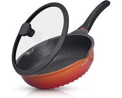 Frying Pan Anti-Scratch Glass Lid - 28 cm Deep Sauté Pan, German Greblon Stone Coating - Induction Pan Chemical-Free (Orange)