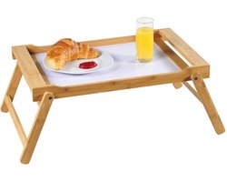 FSC® Bamboe Elegante inklapbare bedtafel met dienblad | Houten Bed tafel | Witte tafel | beddienblad | Ontbijt dienblad | Ontbijt op Bed | Afm. 59 x 33 x 24 Cm. | Kleur: BAMBOE / WIT