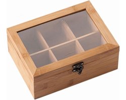 FSC® Bamboe Theedoos met 6 Vakken | Theekist Bamboe hout | Met deksel en venster | Thee Doos / Thea Box |  Afm. 21,7 x 16 x 9 Cm.