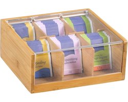 FSC® Bamboe Theedoos met 6 Vakken - Voorkant doorzichtig - Theekist Bamboe hout - Thee Doos - Thea Box - 22 x 21 x 9.5 Cm