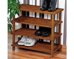 FSC® Dennenhouten Schoenenrek, 4 Verdiepingen voor 12 Paar Schoenen | Schoenenkast | Schoenen Rek | Afm. 54 x 26 x 52 Cm. | Kleur: Donker Dennenbruin