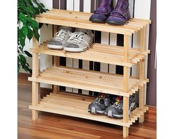 FSC® Dennenhouten Schoenenrek, 4 Verdiepingen voor 12 Paar Schoenen | Schoenenkast | Schoenen Rek | Afm. 54 x 26 x 52 Cm. | Kleur: Natuurlijk Dennenbruin