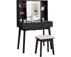 FST15H Make-uptafel met verlichting - instelbare helderheid - schuifspiegel - kaptafel - kruk - 2 laden - zwart make up tafel
