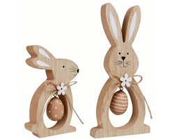 FSW-Products Paasdecoratie Houten Paashazen 2 stuks met Hangend Ei Decoratie Figuren
