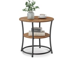 Fubzz Bijzettafel Rond - Vintage Salontafel - Walnootbruine Planken - 2 Niveaus - 55x55x55 Cm - Eenvoudige Montage - Stabiel En Stijlvol Ontwerp