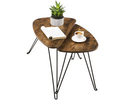 Fubzz Bijzettafels Set - Salontafels Industrieel - Woonkamer Slaapkamer - Nachtkastjes Banktafels - 2 Stuks Hout Metaal - 60x38x47,5 Cm - Vintage