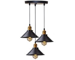 Fubzz Industriële Hanglamp 3-Lichts - Vintage Metalen Kroonluchter - Retro E27 Plafondlamp - Ø22cm Kappen - Verstelbaar Tot 100cm - Zwart-Goud Design