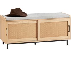Fubzz Schoenenbank Met Zitplank - Schoenenkast Met Schuifdeuren - Bank Met Opbergruimte En Ladekast - Natuurlijk Rotan Design - Naturel MDF 110x49x40