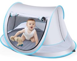 Fuegobird BabyBox Campingbedje - Baby Tentje - UV-beschermingsniveau UV50+ - Blokkeer Muggen - Opvouwbare opslag - Versterking van grondspijkers - Zilver Grijs/Blauw