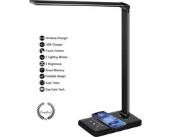 Fuegobird EK009 LED Bureaulamp – Bedrade – Qi Draadloos Opladen Voor Telefoon – Dimbaar – Timer - Opvouwbaar – Smart Touch – Zwart