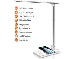 Fuegobird EK010 LED Bureaulamp – Bedrade – Draadloos Opladen Voor Telefoon – Dimbaar – Opvouwbaar – Smart Touch - 10W snel opladen - Qi Technologie - Zilver（met adapter）