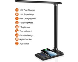Fuegobird EK010 LED Bureaulamp – Bedrade – Draadloos Opladen Voor Telefoon – Dimbaar – Opvouwbaar – Smart Touch - 10W snel opladen - Qi Technologie - Zwart（met adapter）