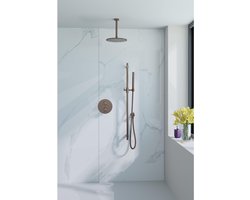 FugaFlow Eccelente Acces Inbouw Regendoucheset - rond - thermostatisch - plafondarm - glijstang - 25cm hoofddouche - staaf handdouche - gladde slang - Geborsteld koper PVD (Koper)