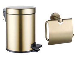 FugaFlow Eccelente Acces toilet accessoireset - toiletrolhouder - met klep - pedaalemmer - 5 liter - geborsteld messing