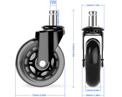 Fukstern Zwenkwielen - Vervangwielen voor Bureaustoelen Set van 5 - Transparante Wielen voor Te harde Vloeren en Tapijt