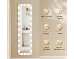 Full Body Spiegel – Staande Spiegel – Wandspiegel – Make-Up Spiegel – Hollywood Spiegel – 150 x 40 cm – 24 LED Lampen Met 3 Lichtkleuren & Geheugenfunctie