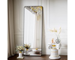 Full-body staande spiegel met afgeronde hoeken 50 x 150 cm - zwart groot vloerspiegel voor slaapkamer en woonkamer Spiegel