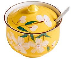 FülleMore Keramische Kruidenpot Kruidenpotjes 300ml Suikerpot met Deksel en Lepel Schattig Bloemmotief Zoutpotje Opbergpot voor Keuken Eettafel (Geel)