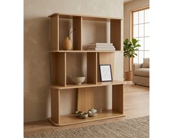 Fume Concept Houten Japandi Vakkenkast - Asymmetrische Boekenkast - Vrijstaand Scandinavisch Vloerrek - Open Stellingkast