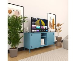 Furni24 Metalen TV meubel – Lowboard met 3 legplanken – 130,5 x 40 x 64,5 cm, blauw