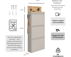 Furni24 schoenenkast met accessoires, grijs, 3 deuren, 52x15x121 cm, incl. sleutelhaak