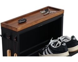 Furni24 Schoenenkast met accessoires, zwart, 2 deuren, 52x15x72,5 cm, donker beukenhouten afwerking