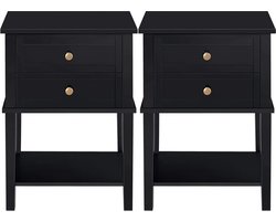 FURNIBELLA - 2 x nachtkastje, bijzettafel, commode, woonkamertafel, salontafel, nachtkastje met 2 laden en 1 legplank, zwart hout, 45 x 35 x 61 cm