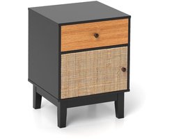 FURNIBELLA-Boho-Stijl Rotan Nachtkastje met Lade & Ladekast – Multifunctionele Salontafel in Zwart & Bruin
