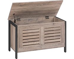 Furnibella - Kist, houten kist met deksel, zitbank met opbergruimte, houten kist, grote speelgoedkist, goede ventilatie, schoenenbank, stabiel, metalen frame, hal, donkerbruin-zwart EBG85CW01