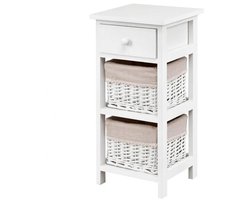 FURNIBELLA-Nachtkastje met 3 Lagen, Lade en 2 Opbergmanden – Wit en Beige – 28 x 26 x 59,5 cm – Stijlvolle Opbergkast