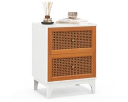FURNIBELLA-Rotan Nachtkastje met 2 Lades – Massief Houten Poten & Stijlvolle Bijzettafel (46 x 33 x 59,5 cm, Wit/Bruin)
