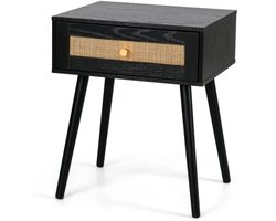 FURNIBELLA-Rotan Nachtkastje met Lade en Massief Houten Poten (48 x 40 x 58 cm – Zwart)
