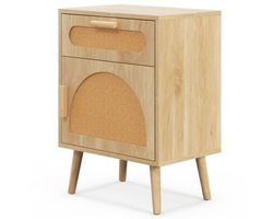 FURNIBELLA-Rotan Nachtkastje met Lade & Kast – Boho Stijl Bijzettafel en Bank Tafel (Natuurlijk)